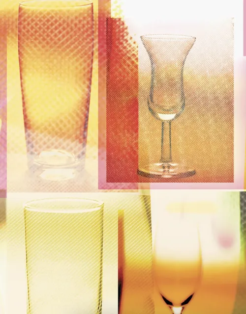 glass cups covered by yellow, green, pink, and orange colored squares. 