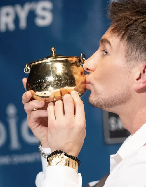 Barry Keoghan kisses his Pudding Pot at Friday’s roast.