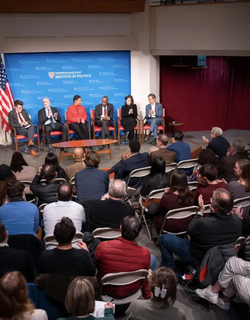 Panelists Erica Chenoweth (from left), Arthur Brooks, Danielle Allen, Cornell Brooks, Eliana La Ferrara, and Archon Fung address “Dissent, Disagreement, and Democracy” at the JFK Forum.