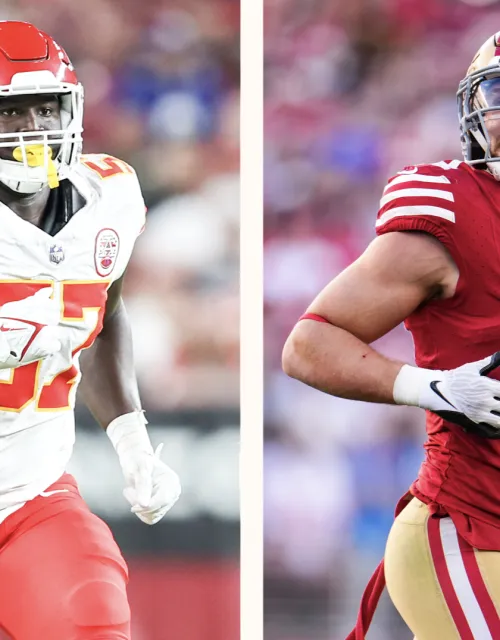Truman Jones (left) and Kyle Juszczyk will face off Sunday at Super Bowl LVIII.