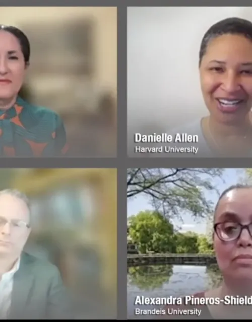 Moderator Layli Maparyan (clockwise from upper left) leads a livestream discussion with Harvard’s Danielle Allen, Brandeis’ Alexandra Pineros-Shields, and Northeastern’s David Lazer.
