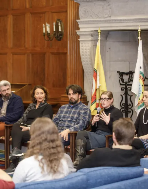 Daniel Heath Justice (from left), Ross Mulcare, Stacy Leeds, Benjamin Frey, Julie Reed, Courtney Lewis, and Joseph Pierce take part in the three-day Cherokee Scholars symposium.