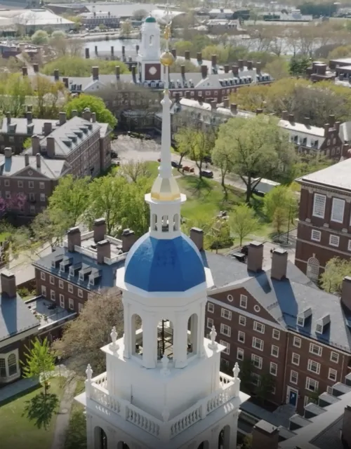 Aerial view of Lowell Bell Tower and Harvard campus