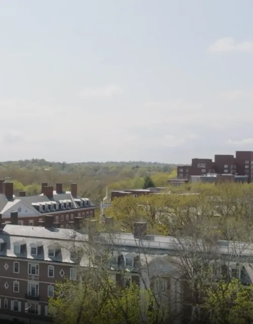 Aerial of Eliot House with green domed building