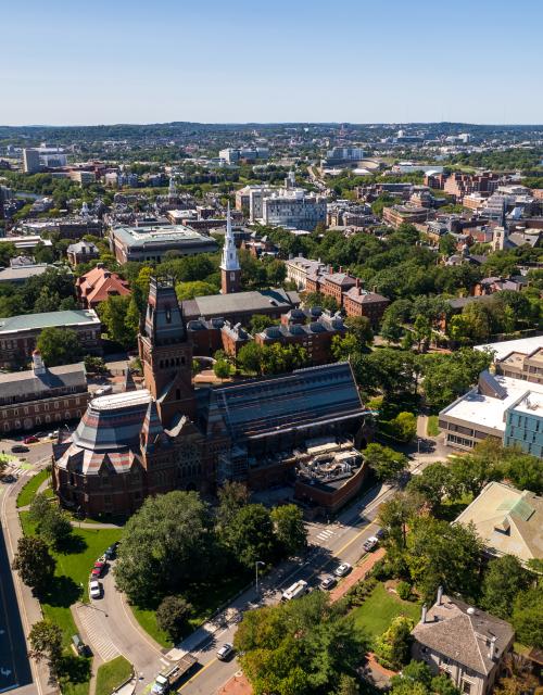 Harvard Yard, Science Center Plaza, and Memorial Church from above.
