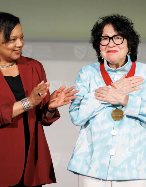 Radcliffe Dean Tomiko Brown-Nagin (left) presents Associate Justice of the U.S. Supreme Court Sonia Sotomayor with the Radcliffe Medal.
