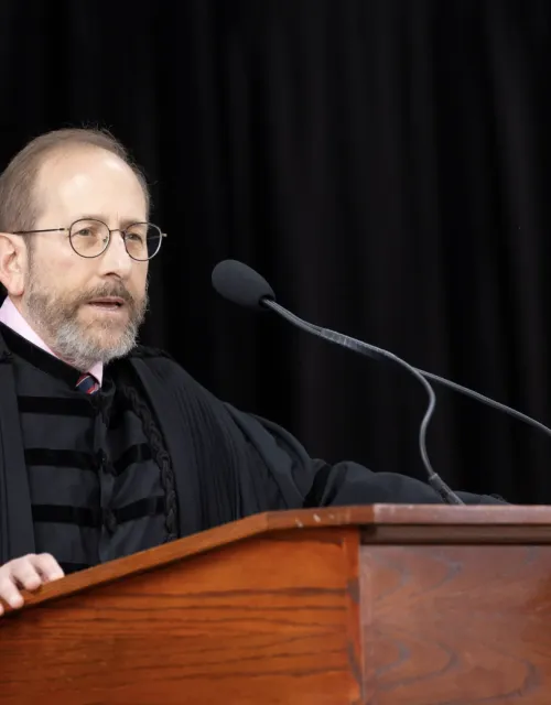 President Alan Garber addresses first-years Monday at Tercentenary Theatre.
