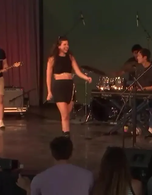 Band performing on stage with a singer and various instruments.