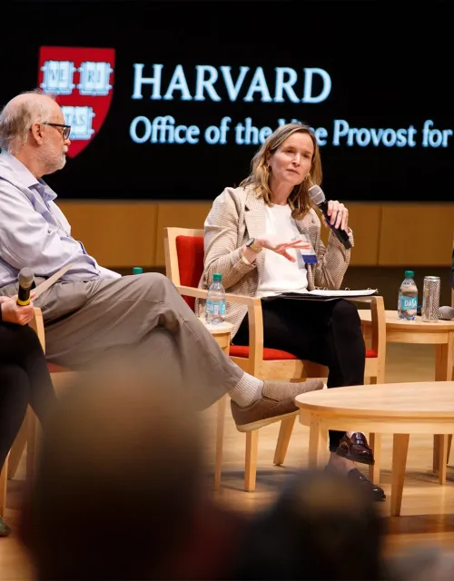 Moderator Rebecca Nesson (left) with panelists Christopher W. Stubbs, Nonie K. Lesaux, and Iav Bojinov.
