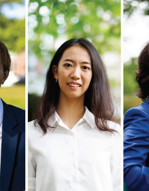 Graduates Thor Reimann (from left), Yurong “Luanna” Jiang, and Aidan Scully will deliver speeches Thursday at Commencement.