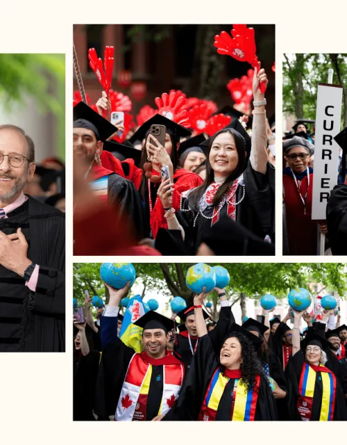 Collage of graduates celebrating in caps and gowns at a commencement ceremony