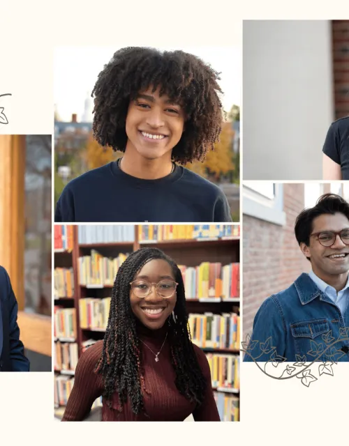 Collage of five diverse young adults smiling for portraits, with vine illustrations in the background.