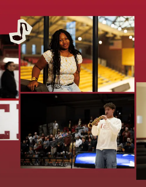 Collage of photos of students Damla Yesil, Bekuochukwu Uzo-Menkiti, Zeb Jewell-Alibhai, and Grace Hur against a red backgrounf
