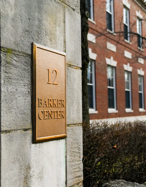 Outside view of the Barker Center's plaque.