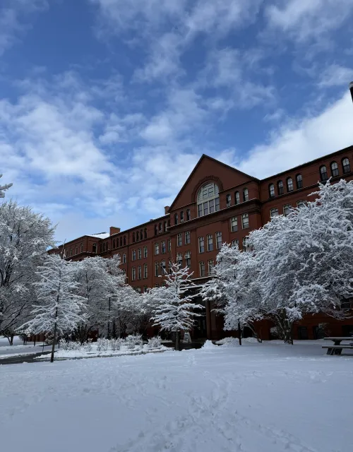 A Harvard building covered in snow.