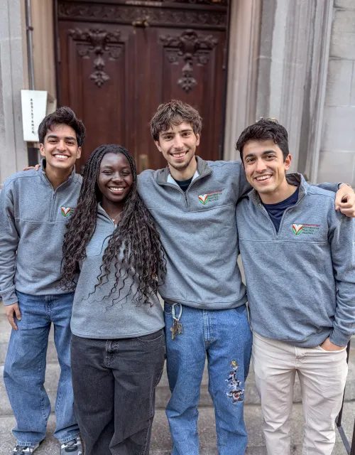 Four members of the Restorative Practice Fellows. From left to right: Zain Memon ’28, Winifred Ofori-Manu ’27, Jamie Durant ’26, and Nayan Sapers ’26.