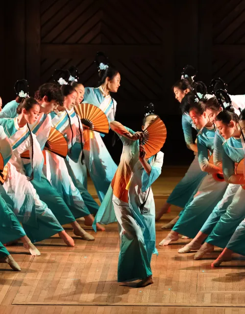 Dancers from the Harvard Undergraduate Asian American Dance Troupe performing at the 40th Annual Cultural Rhythms Showcase.