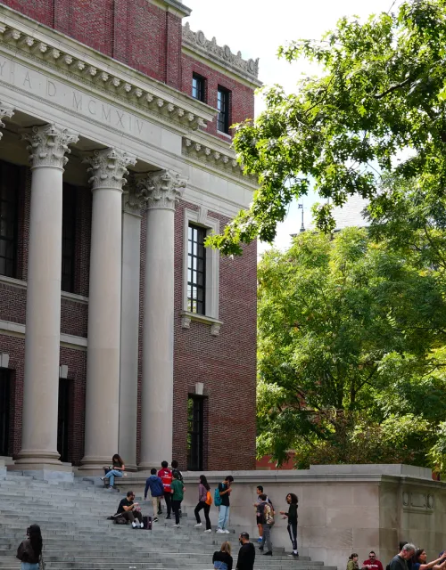 Students and visitors gather on the large front steps of Harvard's brick and columned Widener Library on a sunny day with lush green trees.