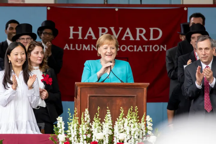 Treasure our freedoms, German Chancellor Angela Merkel advised Harvard’s 368th graduating class on Thursday. “Our individual liberties are not givens. Democracy is not something we can take for granted,” she told the crowd during Afternoon Program in Tercentenary Theatre. “Neither is peace, and neither is prosperity.”