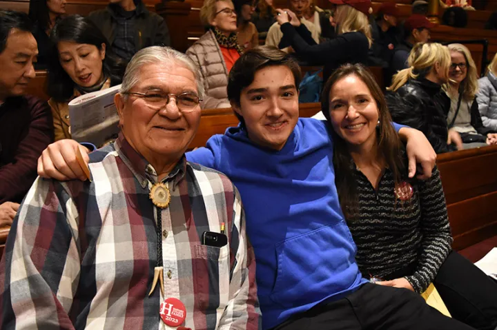 At First-Year Family Weekend, Nick Young ’23 had his grandfather and mother with him at Sanders Theatre