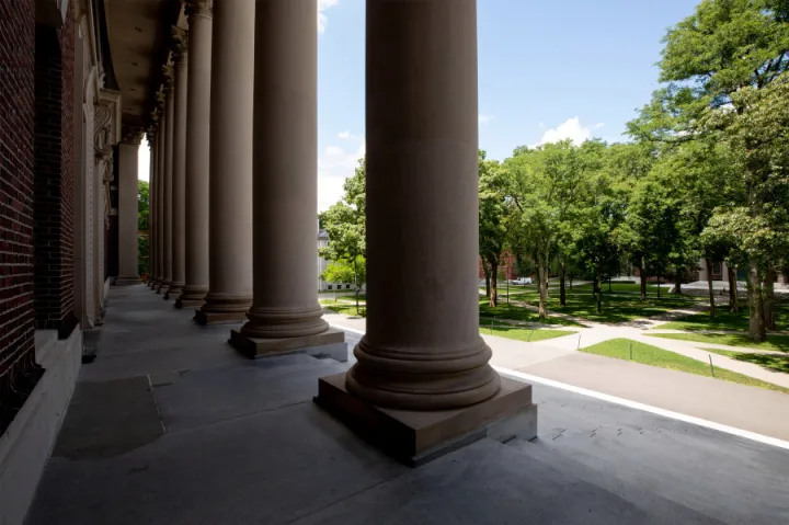 A view of Harvard Yard from the steps of Widener Library.
