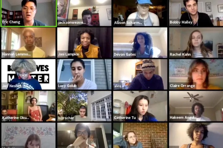 A group of students talking about art for justice on Zoom.