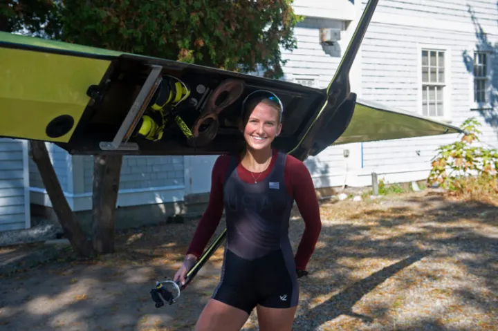Brigid Kennedy '21 prepares for a practice row before her participation in the first-ever virtual Head of the Charles Regatta, which begins today.