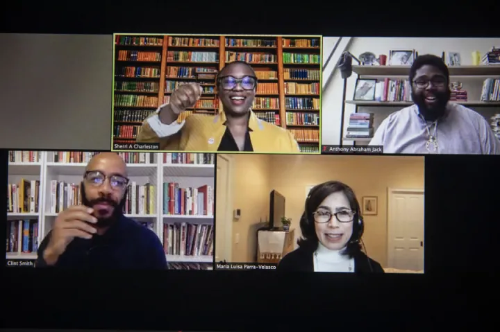 During the HILT 2020 Conference "Championing Equitable Instruction and Inclusive Classrooms." Panelists, Sherri Ann Charleston (from top left to right), Anthony Jack​, María Luisa Parra​, and Clint Smith speak during "A Conversation on Inclusive Excellence."