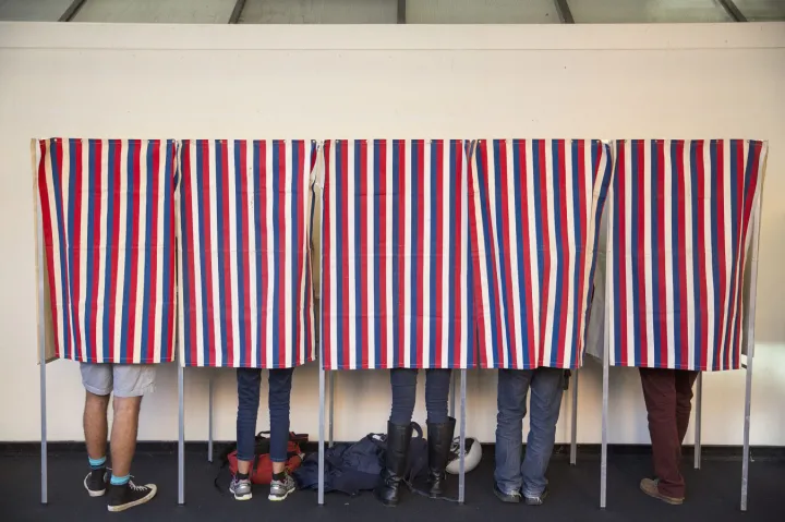 Five individuals vote in the booths at the polls.