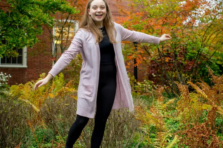 First-year Caitlin Berne stands in Harvard Yard.