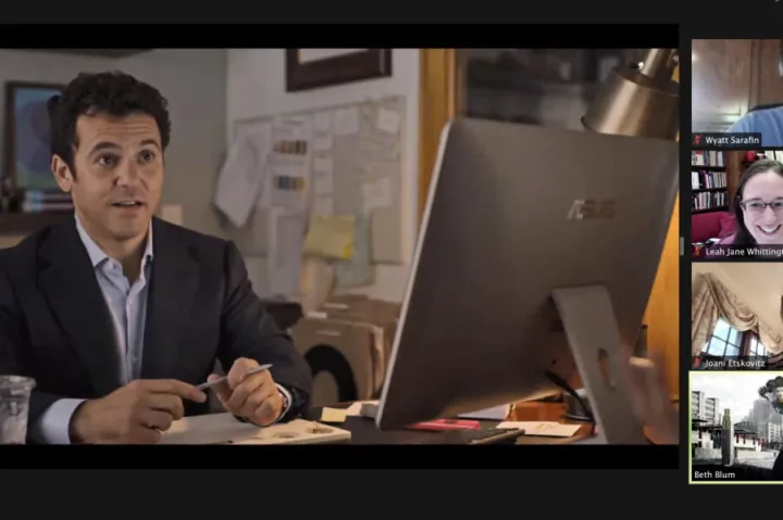 The class views a clip from the movie "Friends From College," where a character's editor suggests that he write a young adult novel. "That launched our discussion about the cultural status of YA fiction, misapprehensions about it, and why this is now the Golden Age of YA literature," Leah Whittington said.