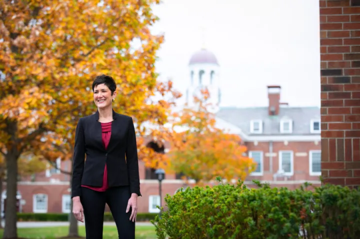 Erin McDermott, the John D. Nichols ’53 Family Director of Athletics, is pictured near the Murr Athletics Center at Harvard University.
