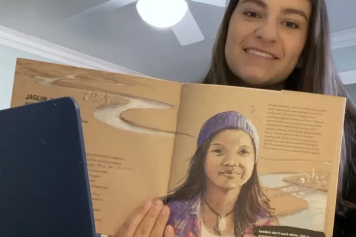 Lindsay Poulos ’23 shares “No Voice Too Small” with fourth-graders.