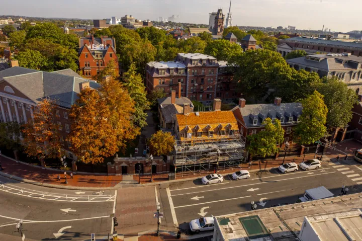 A bird's-eye view of campus along Massachusetts Avenue.