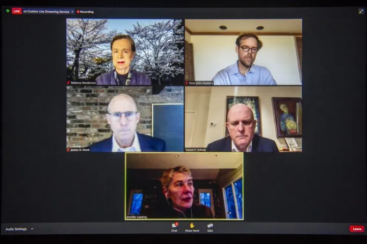 Rebecca Henderson (clockwise from upper left), Peter Huybers, Daniel Schrag, Jennifer Leaning, and Jim Stock discuss the way forward to fight climate change.