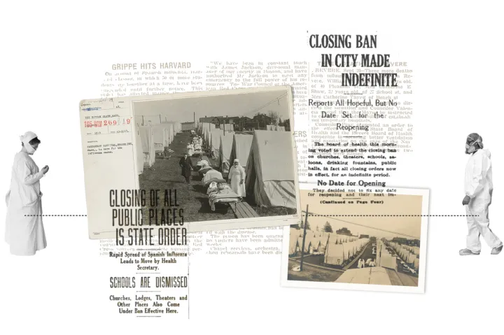 Photo illustration of 1918 pandemic and social distancing by Judy Blomquist