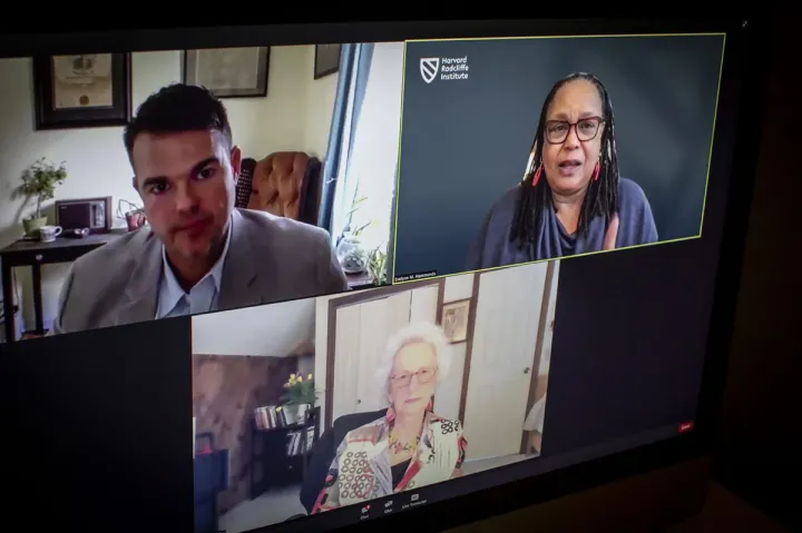 Harvard Radcliffe Institute panelists were Jim Down (clockwise from upper left), Evelynn Hammonds, and Susan M. Reverby.