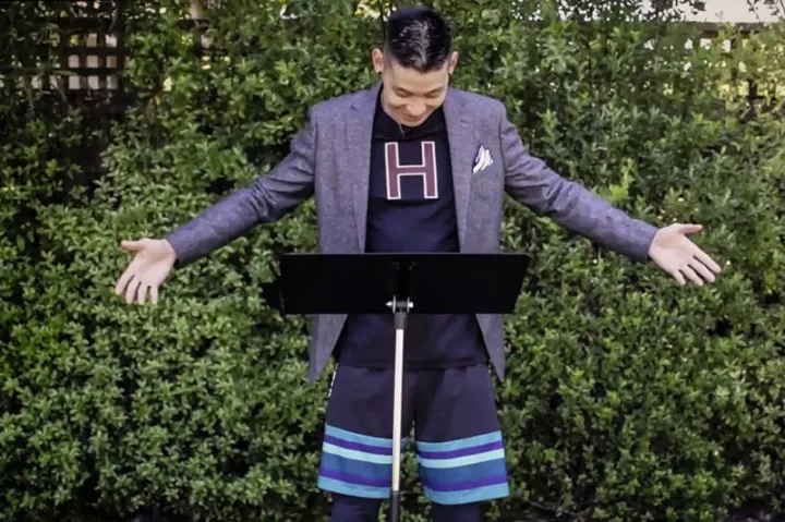 Jeremy Lin '10 was the main speaker at Class Day. He shows off his athletic shorts.