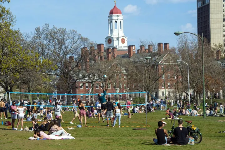 Members of the Cambridge community gather on the lawn by the Weeks Footbridge for some relaxation and casual volleyball. The Dunster House tower looms in the background.