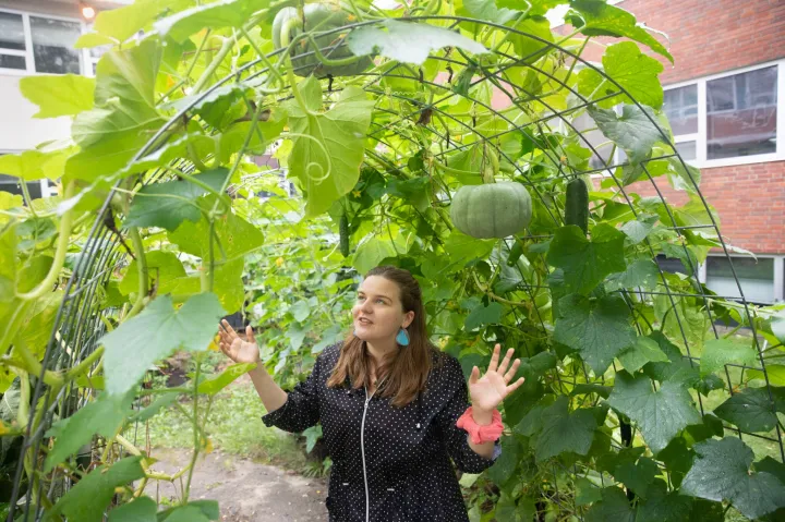 Magdalena Siwek gives a tour of the garden at the Center for Astrophysics.