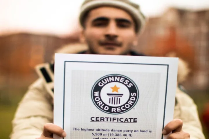 Harvard student Nosher Ali Khan and a team of mountaineers and artists set the Guinness world record for Highest Altitude Dance Party on Land at Minglik Sar, Pakistan.