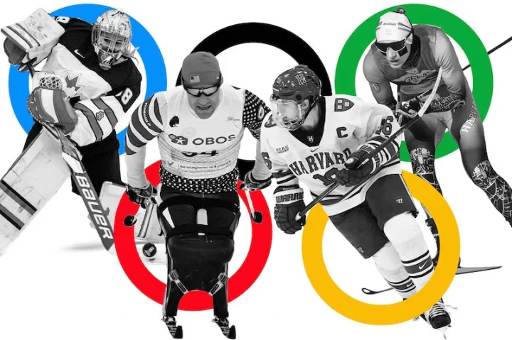 Emerance Maschmeyer (from left), Dan Cnossen, Nick Abruzzese, and Rémi Drolet are among Harvard athletes in Beijing Olympics.