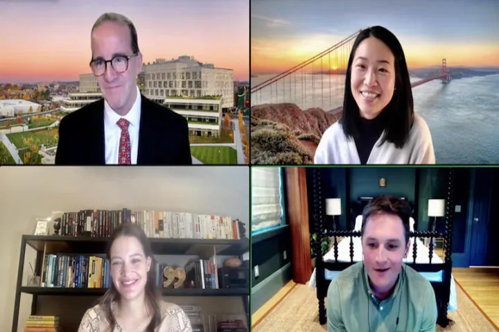 Clockwise from top left: Harvard Dean Frank Doyle interviews the SEAS alumni panel of JN Fang (A.B. '16), Sam Steyer (A.B. '11) and Carolina Ragolta Grossman (A.B. ‘13) at the sixth annual Sophomore Convocation on Feb. 10. 