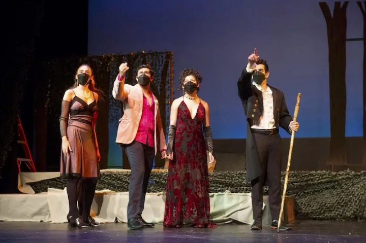 Cecilia Nakfoor '25 (from left), Phiroze Parasnis '22, Daniela Castro '22, and Jovanni Candia '22 enact a scene from "Into the Woods."