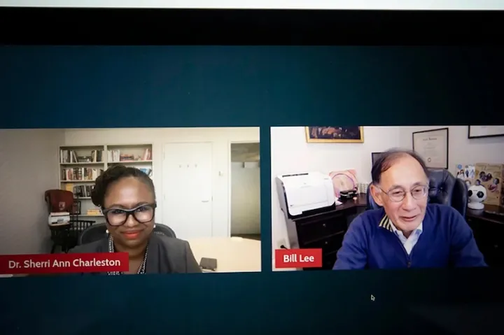 “If I thought there was affirmative discrimination against Asian Americans, I would not have been the lead trial lawyer,” William Lee (right) told Sherri Ann Charleston during a forum hosted by the Office of Equity, Diversity, Inclusion and Belonging.