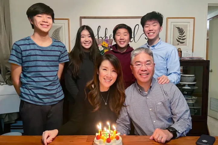 Elijah Suh ’22 (top right) and his family celebrate his mother's 53rd birthday in Misawa, Japan, last year. Clockwise from top left are siblings Jeremiah, Hannah and Joshua, and parents David and Karen.