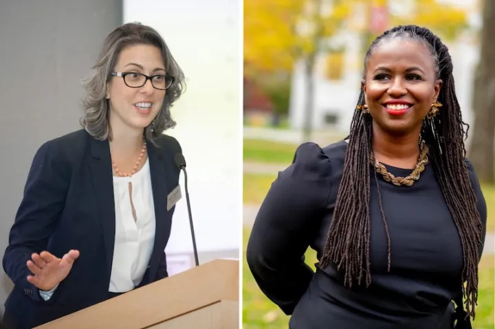 Nicole Merhill (left) and Sherri Charleston discuss an expanded set of self-identity options available to Harvard employees in PeopleSoft.