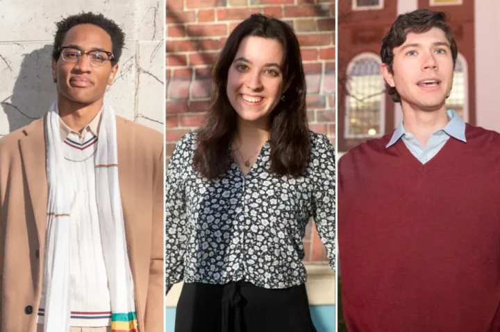 Three Harvard seniors are heading to England and Ireland in the fall after being awarded Rhodes and Mitchell scholarships: Marcus Montague-Mfuni (from left), Sílvia Casacuberta Puig, and Michael Frim.
