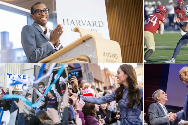A gridded image with the top left corner displaying Dean Gay; the top right corner displaying football players in the middle of the game; the bottom left displaying students cheering at a game; the bottom middle displaying Kate Middleton saying hi to fans; the bottom right displaying Dean Khurana shaking hands at smiling up at a man. 