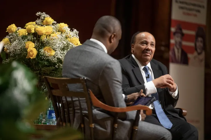Martin Luther King III (right) spoke with Professor Brandon Terry, addressing the death of Tyre Nichols and calling for more police training and culture change within departments.